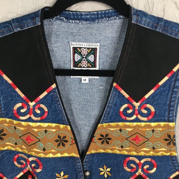 Vintage Hairston Roberson Ropa Vest Womens M  Blue Denim Embroidery Boho Art - Picture 3 of 16